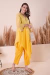 Buy_Surabhi Arya_Yellow Mul Chanderi Embroidery Thread V Neck Sequin Kurta And Pant Set _Online_at_Aza_Fashions