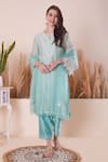 Surabhi Arya_Blue Kurta And Pant Mul Chanderi Embroidery Thread Notched Floral Yoke Set _Online_at_Aza_Fashions