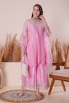 Shop_Surabhi Arya_Pink Kurta And Pant Mul Chanderi Embroidery Zari Thread Blunt V Neck Palazzo Set _Online_at_Aza_Fashions