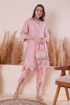 Buy_Surabhi Arya_Pink Kurta And Dhoti Pant Mul Chanderi Embroidery Gota V Neck Mirror Border Set _at_Aza_Fashions