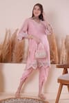 Surabhi Arya_Pink Kurta And Dhoti Pant Mul Chanderi Embroidery Gota V Neck Mirror Border Set _at_Aza_Fashions