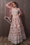 Shop_Sayisha_Peach Net Sequins, Embroidery Sweetheart Neck Hand Blouse Lehenga Set _at_Aza_Fashions