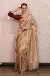 Shop_SAYISHA_Brown Organza Woven Floral Square Neck Saree With Embroidered Blouse _at_Aza_Fashions