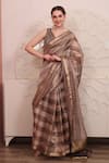 Buy_SAYISHA_Brown Organza Woven Floral V Neck Pattern Saree With Embroidered Blouse _at_Aza_Fashions