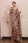 Shop_SAYISHA_Brown Organza Woven Floral V Neck Pattern Saree With Embroidered Blouse _at_Aza_Fashions