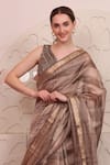 SAYISHA_Brown Organza Woven Floral V Neck Pattern Saree With Embroidered Blouse _at_Aza_Fashions