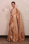 Shop_SAYISHA_Gold Organza Embroidered Zigzag Square Neck Pattern Saree With Blouse _at_Aza_Fashions