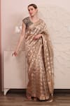 Buy_SAYISHA_Gold Organza Woven Floral Leaf Neck Saree With Embroidered Blouse _at_Aza_Fashions