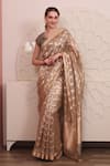 Shop_SAYISHA_Gold Organza Woven Floral Leaf Neck Saree With Embroidered Blouse _at_Aza_Fashions