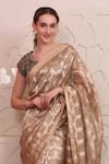 SAYISHA_Gold Organza Woven Floral Leaf Neck Saree With Embroidered Blouse _Online_at_Aza_Fashions