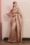 Shop_SAYISHA_Gold Organza Woven Floral Leaf Neck Saree With Embroidered Blouse _Online_at_Aza_Fashions