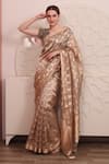 SAYISHA_Gold Organza Woven Floral Leaf Neck Saree With Embroidered Blouse _at_Aza_Fashions