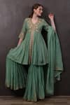 SAYISHA_Green Crepe Embroidered Floral V Neck Kurta Palazzo Set _Online_at_Aza_Fashions