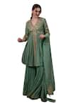 Shop_SAYISHA_Green Crepe Embroidered Floral V Neck Kurta Palazzo Set _Online_at_Aza_Fashions