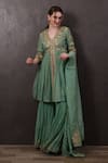 SAYISHA_Green Crepe Embroidered Floral V Neck Kurta Palazzo Set _at_Aza_Fashions