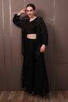 SAYISHA_Black Crepe Hand Embroidered Sequins Jacket Front Open Skirt Set With _Online_at_Aza_Fashions