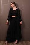 Shop_SAYISHA_Black Crepe Hand Embroidered Sequins Jacket Front Open Skirt Set With _Online_at_Aza_Fashions