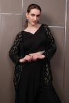 SAYISHA_Black Crepe Hand Embroidered Sequins Jacket Front Open Skirt Set With _at_Aza_Fashions