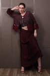 Buy_SAYISHA_Maroon Crepe Hand Embroidered Sequins Jacket Front Open Draped Skirt Set With _at_Aza_Fashions