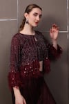 SAYISHA_Maroon Crepe Hand Embroidered Sequins Jacket Front Open Draped Skirt Set With _Online_at_Aza_Fashions