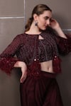 Buy_SAYISHA_Maroon Crepe Hand Embroidered Sequins Jacket Front Open Draped Skirt Set With _Online_at_Aza_Fashions