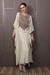 Shop_SAYISHA_Beige Chinon Hand Embroidered Sequins Round Kaftan Dress _at_Aza_Fashions