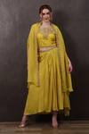 SAYISHA_Yellow Muslin Hand Embroidered Crystals Round Blouse With Pleated Skirt _Online_at_Aza_Fashions