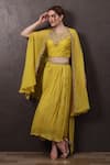 SAYISHA_Yellow Muslin Hand Embroidered Crystals Round Blouse With Pleated Skirt _at_Aza_Fashions