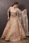 SAYISHA_Beige Organza Hand Embroidered Flower V-neck Lehenga Set _Online_at_Aza_Fashions