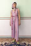 Buy_SHIMONA_Pink Cotton Linen V Neck Striped Sleeveless Jumpsuit _at_Aza_Fashions