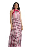 SHIMONA_Pink Orage Crepe Halter Neck Frilled Stripe Pattern Dress _Online_at_Aza_Fashions