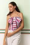 SHIMONA_Pink Cotton Linen Printed Stripe Square Neck Land Bow Top _Online_at_Aza_Fashions