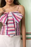 Buy_SHIMONA_Pink Cotton Linen Printed Stripe Square Neck Land Bow Top _Online_at_Aza_Fashions