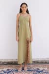 SHIMONA_Green Cotton Linen Embroidery Thread V Neck Marigold Dress _Online_at_Aza_Fashions