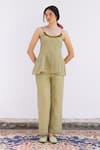 Buy_SHIMONA_Green Cotton Linen Embroidery Thread Marigold Neckline Peplum Top And Pant Set _at_Aza_Fashions