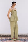 SHIMONA_Green Cotton Linen Embroidery Thread Marigold Neckline Peplum Top And Pant Set _Online_at_Aza_Fashions