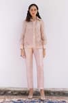 Buy_SHIMONA_Peach Silk Organza Embroidery Thread Collar Shirt And Pant Set _at_Aza_Fashions