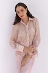 Buy_SHIMONA_Peach Silk Organza Embroidery Thread Collar Shirt And Pant Set _Online_at_Aza_Fashions