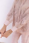 Shop_SHIMONA_Peach Silk Organza Embroidery Thread Collar Shirt And Pant Set _Online_at_Aza_Fashions