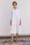 Buy_SHIMONA_White Cotton Satin Embroidery Thread Collar Poppy Flower Shirt Dress _at_Aza_Fashions