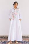 Buy_SHIMONA_White Cotton Satin Hand Paint Floral Collar Neck Bunch Shirt Dress _at_Aza_Fashions