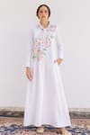 SHIMONA_White Cotton Satin Hand Paint Floral Collar Neck Bunch Shirt Dress _Online_at_Aza_Fashions