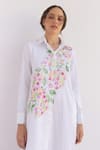 Shop_SHIMONA_White Cotton Satin Hand Paint Floral Collar Neck Bunch Shirt Dress _Online_at_Aza_Fashions