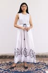 Buy_SHIMONA_White Cotton Satin Hand Paint Moonflower U Neck Maxi Dress _at_Aza_Fashions