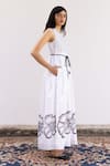 SHIMONA_White Cotton Satin Hand Paint Moonflower U Neck Maxi Dress _Online_at_Aza_Fashions