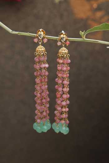 Shop_Do Taara_Pink Kundan And Onyx Long Jhumka Earrings _at_Aza_Fashions