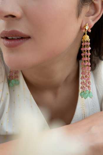 Do Taara_Pink Kundan And Onyx Long Jhumka Earrings _Online_at_Aza_Fashions