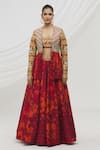 Buy_Vikram Phadnis_Wine Silk Printed Jaal Square Neck Jacket Lehenga Set _Online_at_Aza_Fashions
