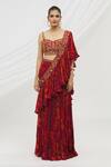 Vikram Phadnis_Wine Blouse  Silk, Saree  Crepe Satin Cutdana, Sequins, Print Pre-draped With_at_Aza_Fashions