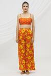 Buy_Vikram Phadnis_Orange Modal Satin, Bustier  Silk Mirror, Thread, Print Cape Flared Pant Set